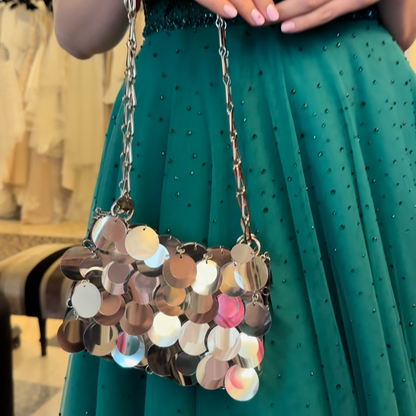 Rabanne Silver Sparkle Discs Nano Bag