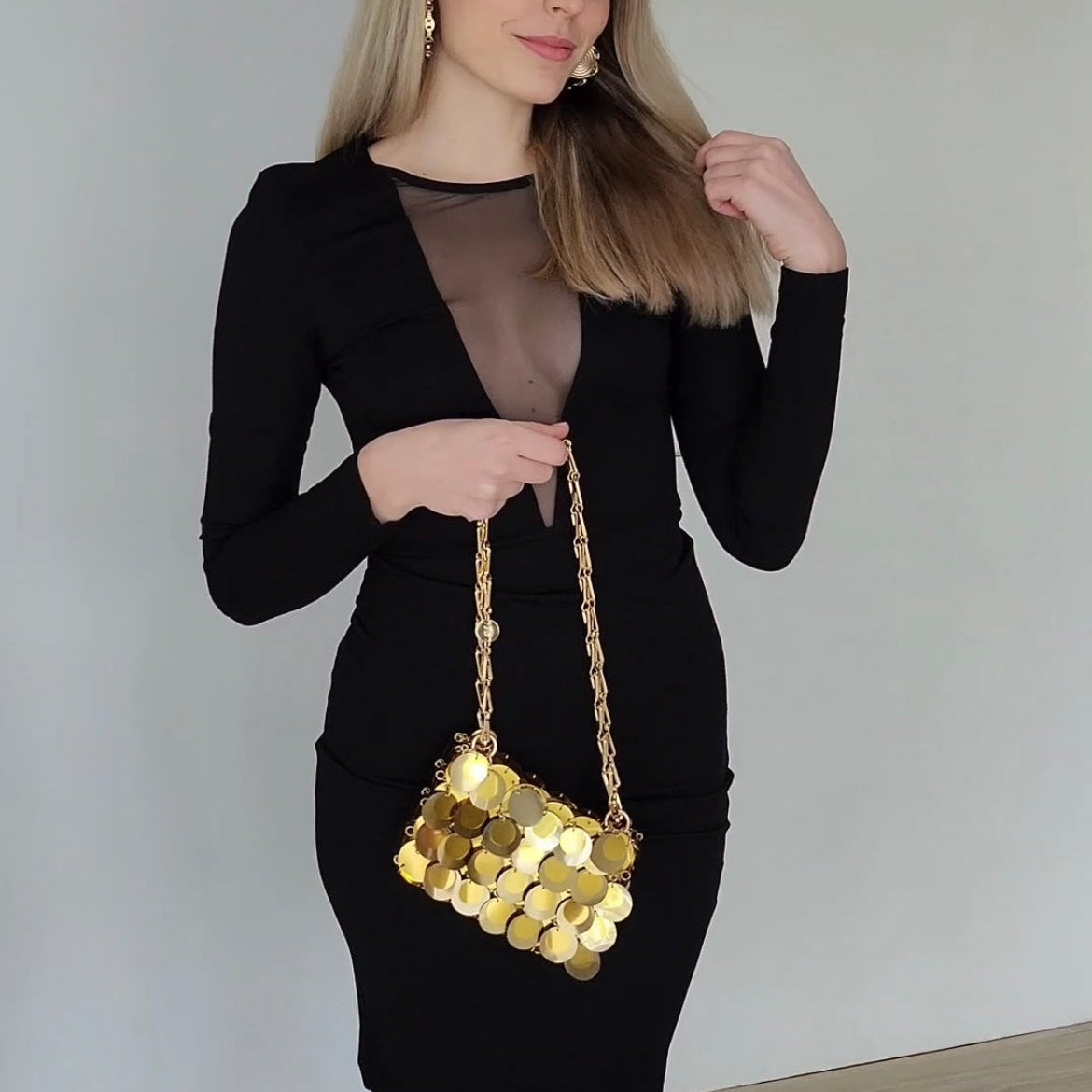 Rabanne Gold Sparkle Discs Nano Bag