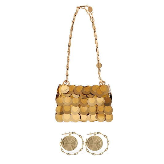 Rabanne: Gold Sparkle Discs Nano Bag & Eight Nano Big Hoop Earrings