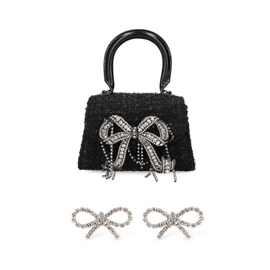 Self-Portrait: Micro Bouclé Bow Bag & Mini Bow Crystal Stud Earring