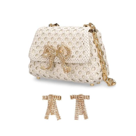 Self-Portrait Woven Leather Shoulder Bag & Rosantica Crystal Bow Earrings