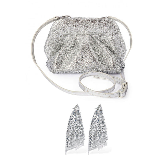 THEMOIRè Gea Sparkling Clutch & Rosantica Mesh Pendant Earrings Silver